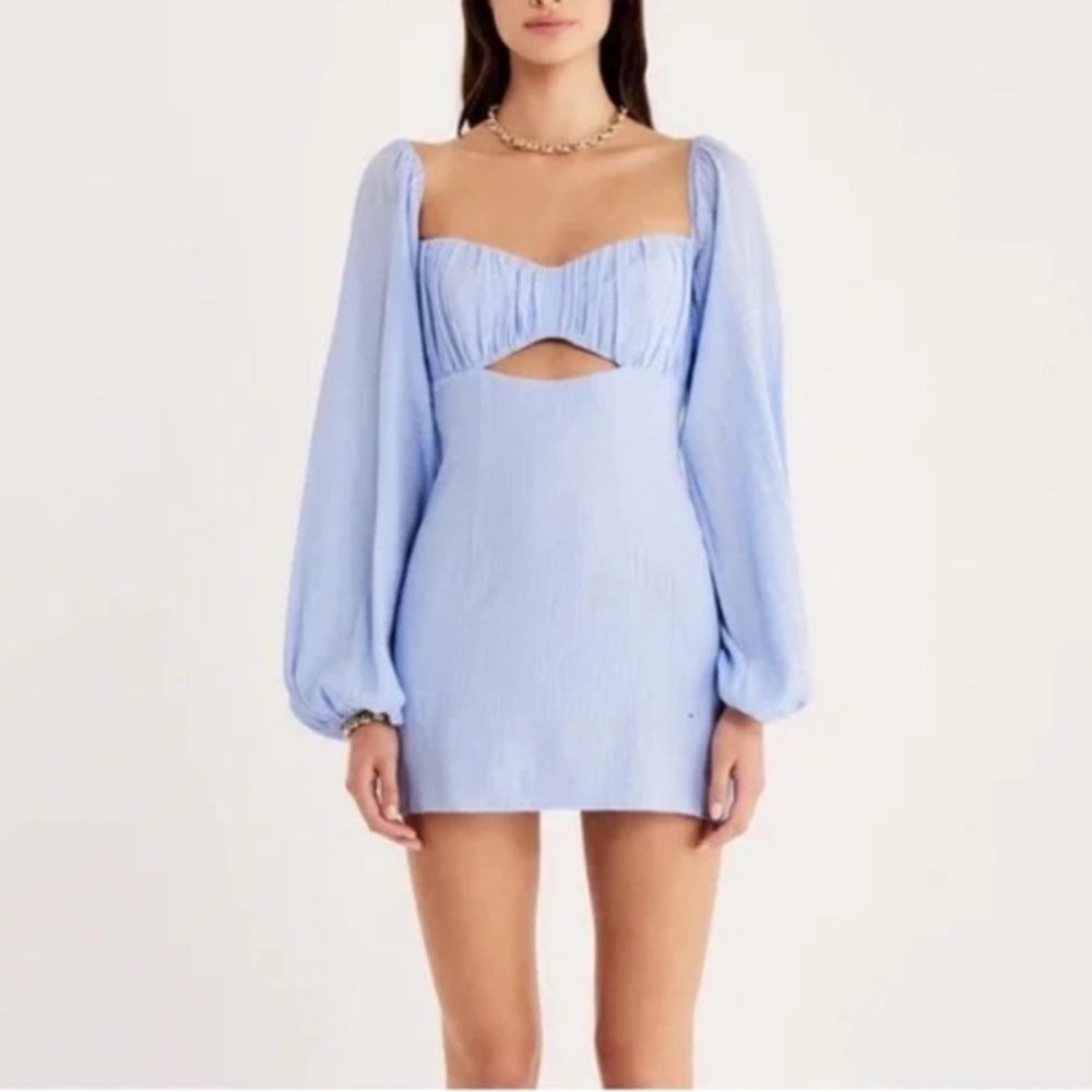 RUMER Camille Cotton Cutout Long Sleeve Mini Dress Blue Large New with Tag